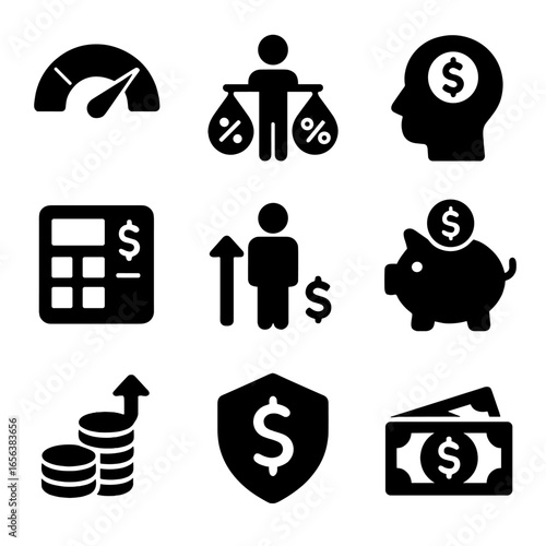 Financial Health Icons. Solid, filled icon set of financial health: credit score, financial balance, debt-to-income ratio, net