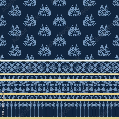 Thai Seamless pattern with blue flowers. Vector illustration design digital file download for print, printable, wallpaper, background, cloth, texture, textile and many projects.