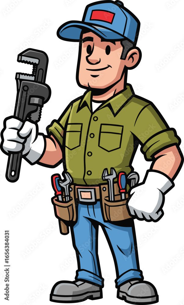 Fototapeta premium Cartoon plumber holding pipe wrench, wearing tool belt and gloves, professional handyman character for repair, plumbing service, maintenance, or construction concept