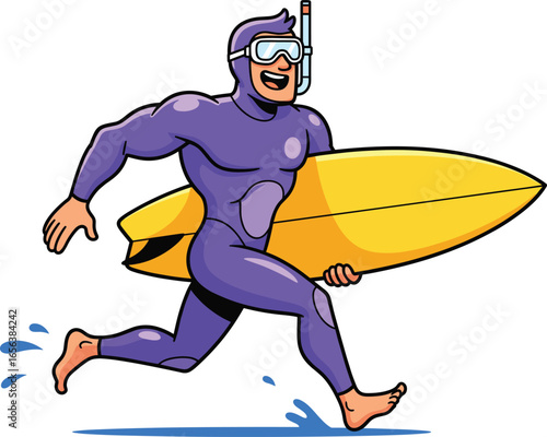 Cartoon snorkeler man in wetsuit running with yellow surfboard, water splash action, summer sports concept, beach surfing adventure illustration