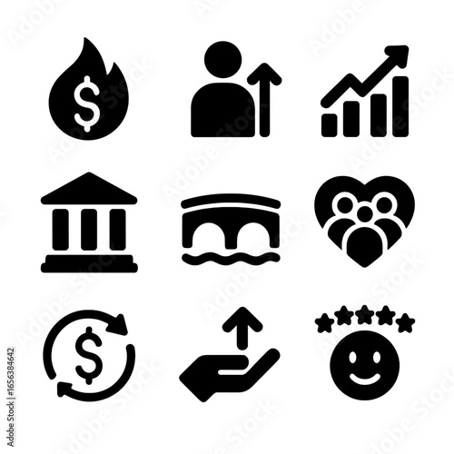 Fiscal Policy Icons. Solid, filled icon set of fiscal policy effects: inflation control, employment rate, GDP growth, public