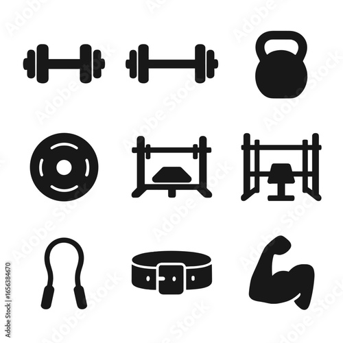 Fitness Icons Grid. Solid, filled icon set of strength training: dumbbell, barbell, kettlebell, weight plate, bench press, squat