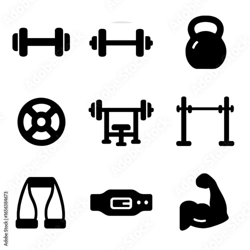 Fitness Icons Grid. Solid, filled icon set of strength training: dumbbell, barbell, kettlebell, weight plate, bench press, squat