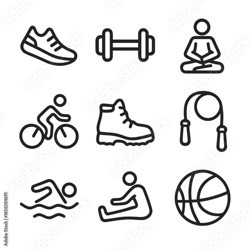 Fitness Icon Set. Solid, filled icon set of physical activity habits: running shoe, dumbbell, yoga pose, cycling, hiking boot,