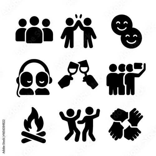 Friendship Icons Grid. Solid, filled icon set of friendship bonding: group of friends, high five, laughing faces, sharing