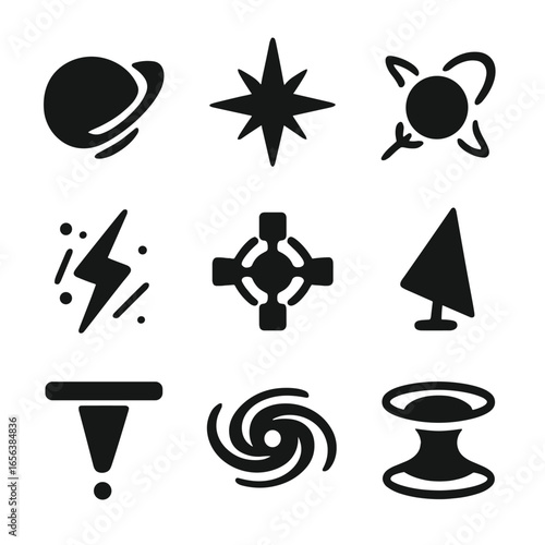 Futuristic Energy Icons. Solid, filled icon set of futuristic energy from deep space: black hole, star, neutron star, cosmic ray,