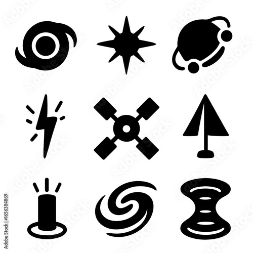 Futuristic Energy Icons. Solid, filled icon set of futuristic energy from deep space: black hole, star, neutron star, cosmic ray,