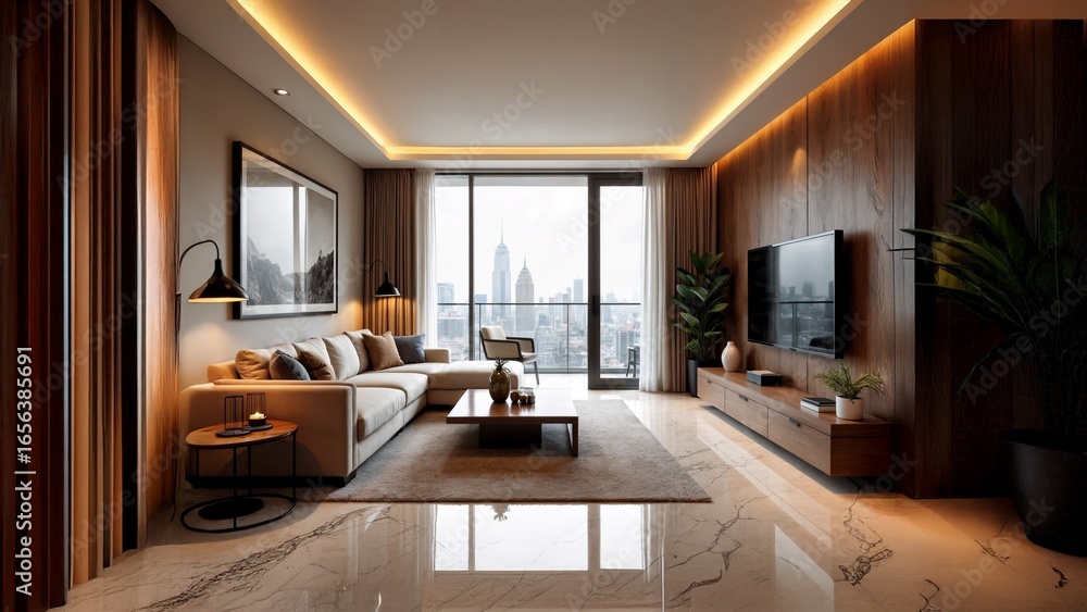 Fototapeta premium Cozy home interior background for video conferencing featuring elegant furniture and large windows, ideal for remote work, professional meetings, and stylish settings.