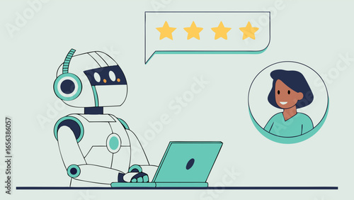 Cartoon Robot Using Laptop with Customer Feedback and Portrait.