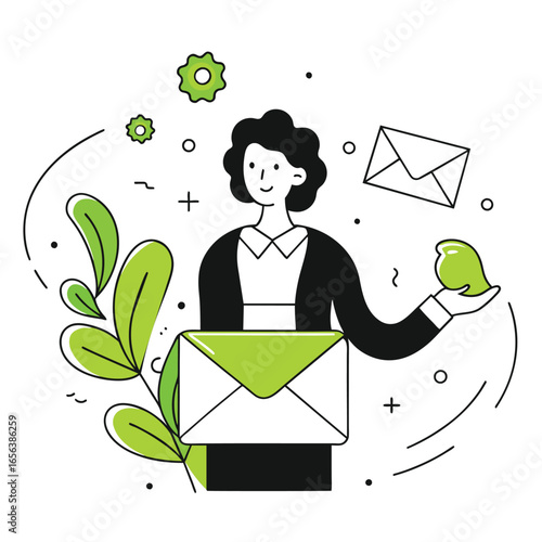 Businesswoman Sending Email with Green Envelope