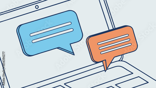 Laptop with Blue and Orange Speech Bubbles for Communication.
