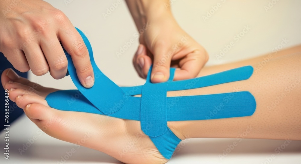 Fototapeta premium Therapist Applying Blue Elastic Bandage to Arm During Rehabilitation Session