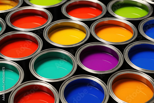 Colorful paint cans vibrant hues liquid art supplies