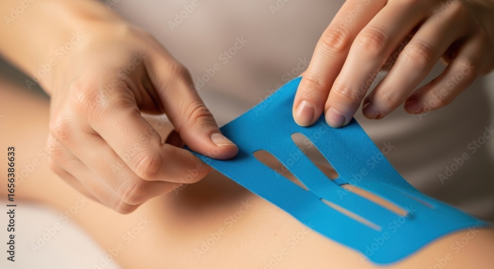 Fototapeta premium Therapist Applying Blue Kinesiology Tape on Patient's Leg in Medical Setting