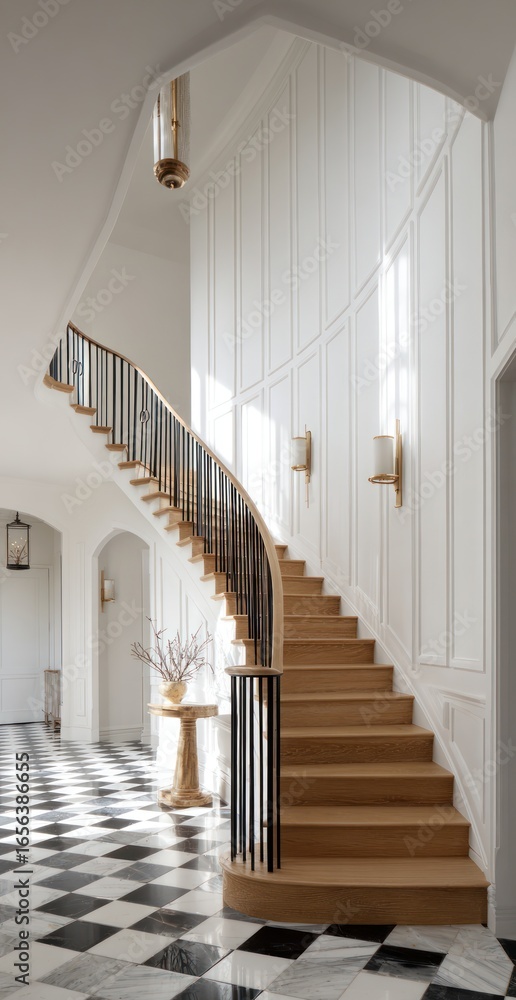 Fototapeta premium Elegant, light-filled, curved staircase in a home's foyer