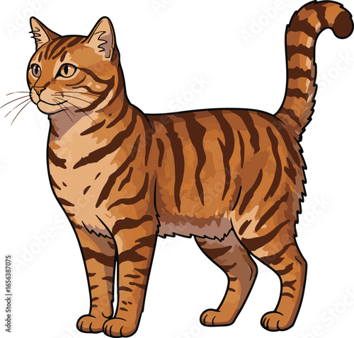 Illustration Of A Tabby Cat Standing On A White Background feline animal