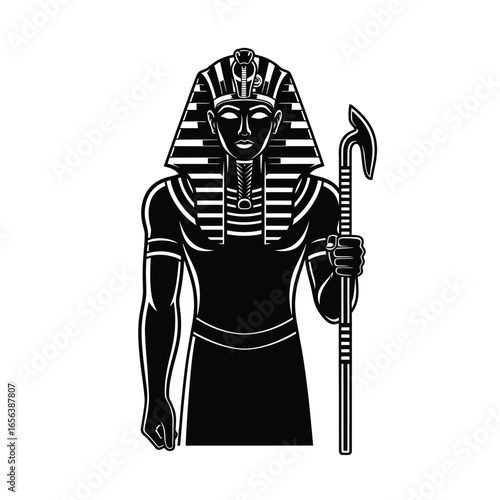 Silhouette of an Egyptian pharaoh, holding a scepter, wearing traditional headdress.