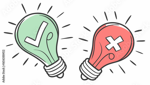 Light Bulbs with Check Mark and Cross Symbol Concept of Right and Wrong.