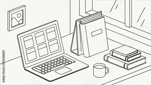 Line art illustration of a laptop books folders and a mug on a desk.