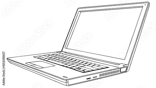 Line Art Illustration of an Open Laptop Computer with Keyboard and Screen.