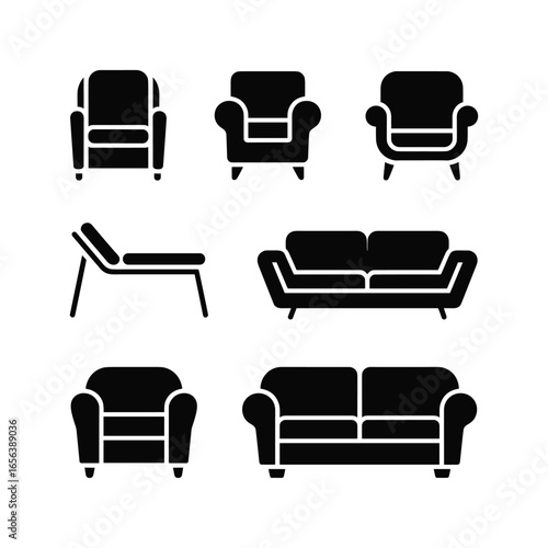 Collection of black silhouette furniture icons including sofas and armchairs