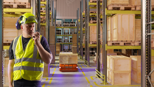 Man in robotic warehouse. A...