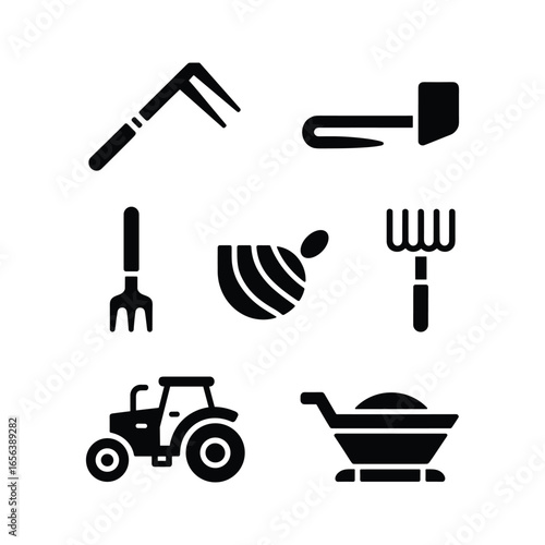 Collection of agricultural tools and equipment icons for farming and gardening