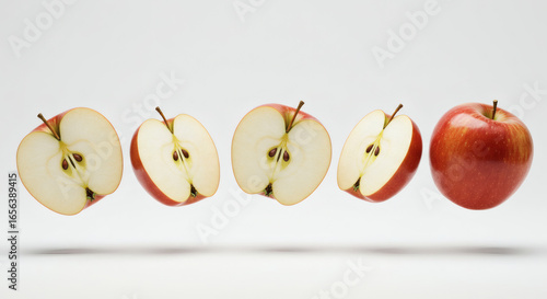 A large number of delicious red apples floating in a row at equal intervals on a white background