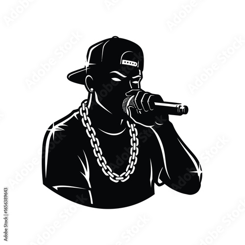 Silhouette of a rapper performing with a microphone.