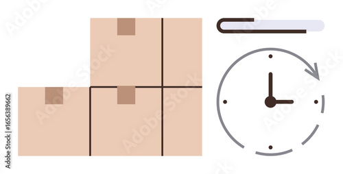 Stacked cardboard boxes and a clock with an arrow highlight logistics, delivery speed, warehouse operations. Ideal for e-commerce, shipping, punctuality, productivity, time management, efficiency