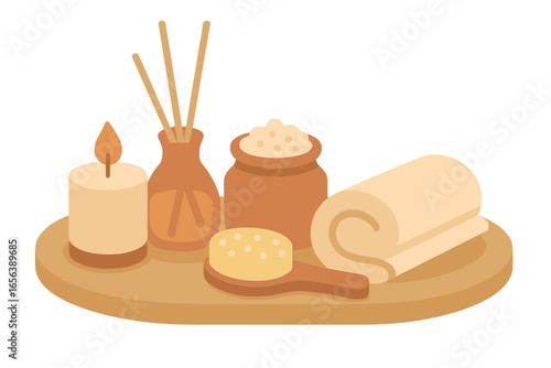 Spa relaxation items with candle and towel