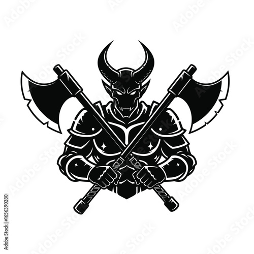 A demonic warrior, armored and horned, wielding crossed battle-axes.