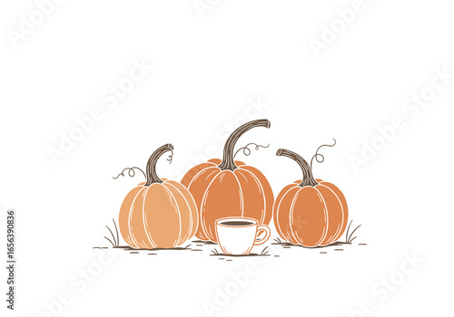 Pumpkin patch with coffee mug isolated on white background  