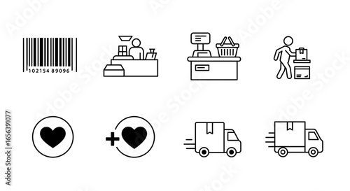 Essential retail and delivery service icons: bar code, checkout, logistics and loyalty