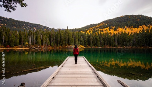 A Person Standing on a Wooden Pier Observing a Serene Lake Surrounded by Lush Mountains