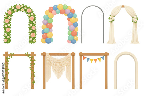 Elegant wedding arch designs with floral, balloon, and drapery elements