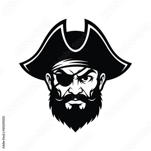 Black and white illustration of a stern pirate's head and shoulders.