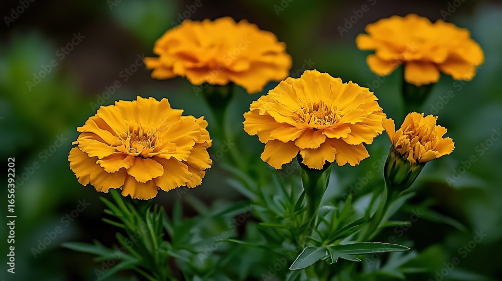 Fototapeta premium Vibrant yellow marigold flowers bloom amidst lush green foliage, perfect for enhancing garden designs, seasonal decorations, or nature-themed projects