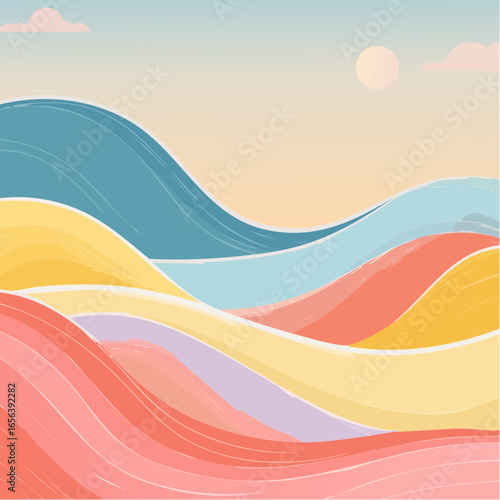 Abstract horizontal background with colorful waves. Trendy vector illustration in style retro 60s, 70s. Pastel colors