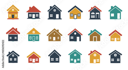 Diverse collection of colorful house icons illustrating real estate and housing concepts