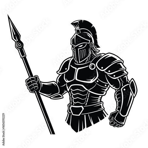 A stylized illustration of a warrior in full armor, holding a spear, ready.