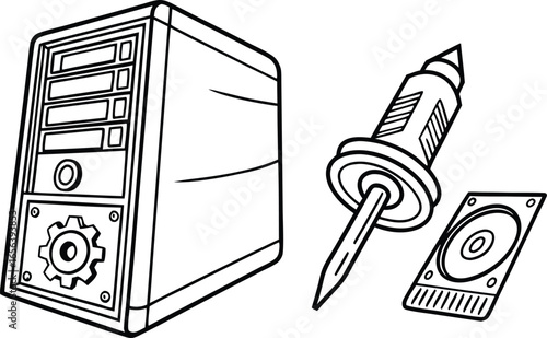 Modern computer tower, hard drive, and soldering iron illustration for technology and repair concepts