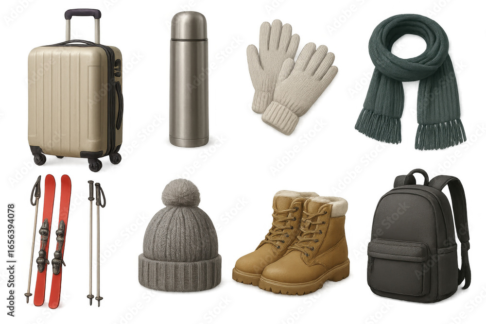 Obraz premium Winter travel essentials with warm clothing and accessories for adventure