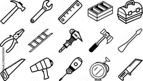 Essential DIY and repair toolkit featuring hammers, wrenches, saws, screwdrivers, pliers, and more for home improvement projects and construction