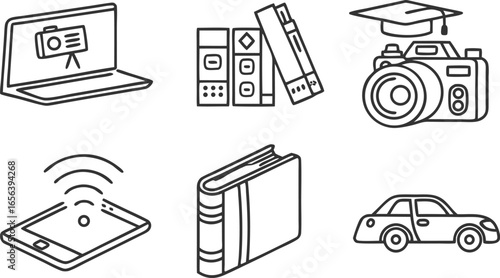 Modern icons showcasing education, technology, and lifestyle elements like laptops, books, cameras, and cars for engaging digital content creation