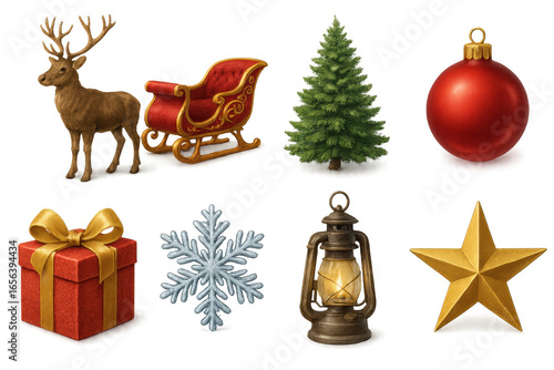 Festive holiday elements with reindeer, sleigh, and traditional decorations