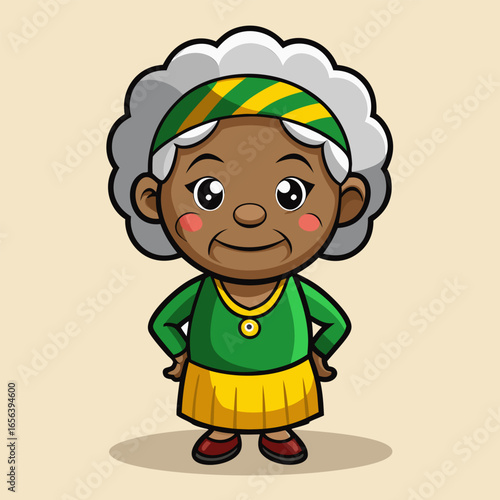 Portrait of a cheerful African grandmother in a green dress and yellow skirt