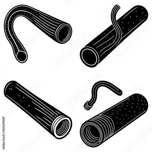 Illustration of four black and white pasta shapes including penne rigate and ditalini pasta types