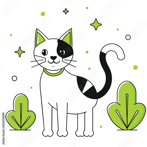 black cat with green leaves