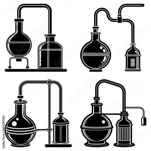 Collection of black and white distillation apparatuses with connecting tubes and containers shown together